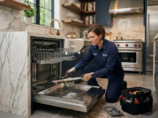 Appliance Repair Hero technician servicing a built-in dishwasher in a Bay Shore, NY kitchen