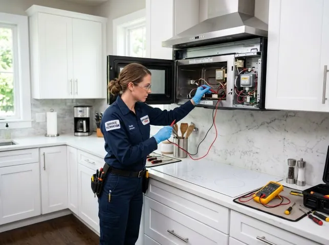 Appliance Repair Hero technician testing an over-the-range microwave in a Bay Shore, NY kitchen